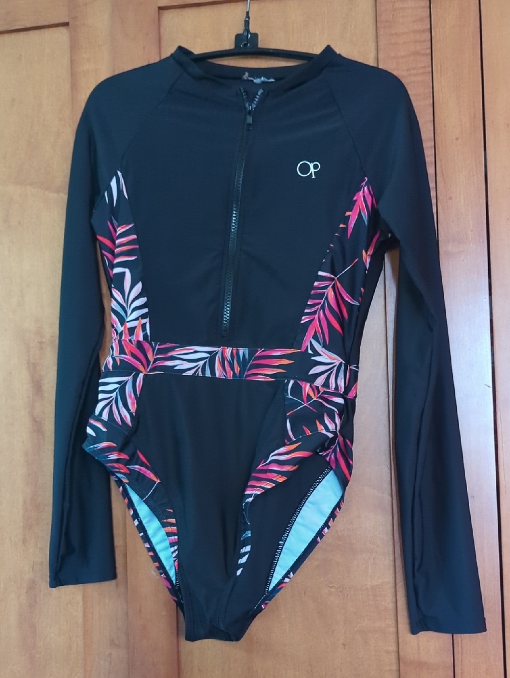 OP Black One-Piece Long-Sleeve Swimsuit with Pink Coral Leaf Print